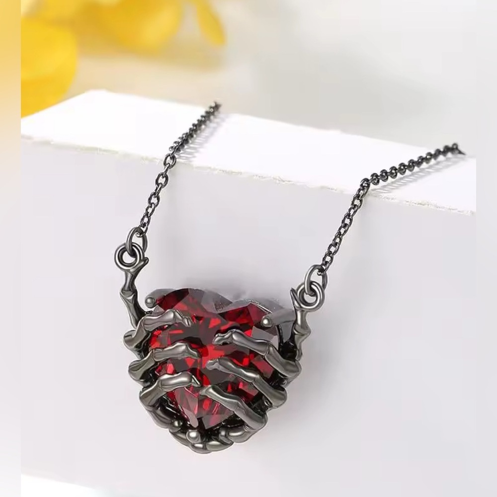 Black Gun Metal Rhodium Skeleton Hands Heart Necklace & Earrings Halloween Goth - Picture 9 of 12
